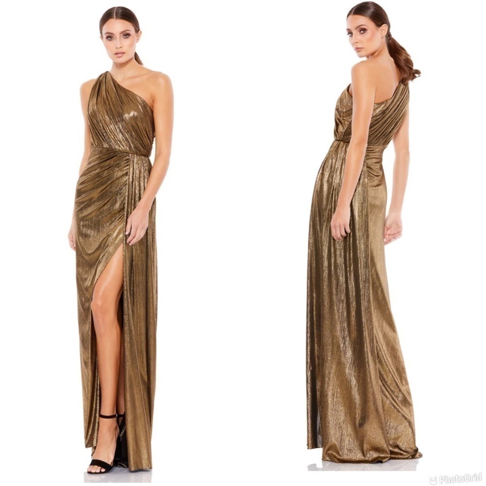 Mac Duggal Metallic Draped One Shoulder Grecian Gown